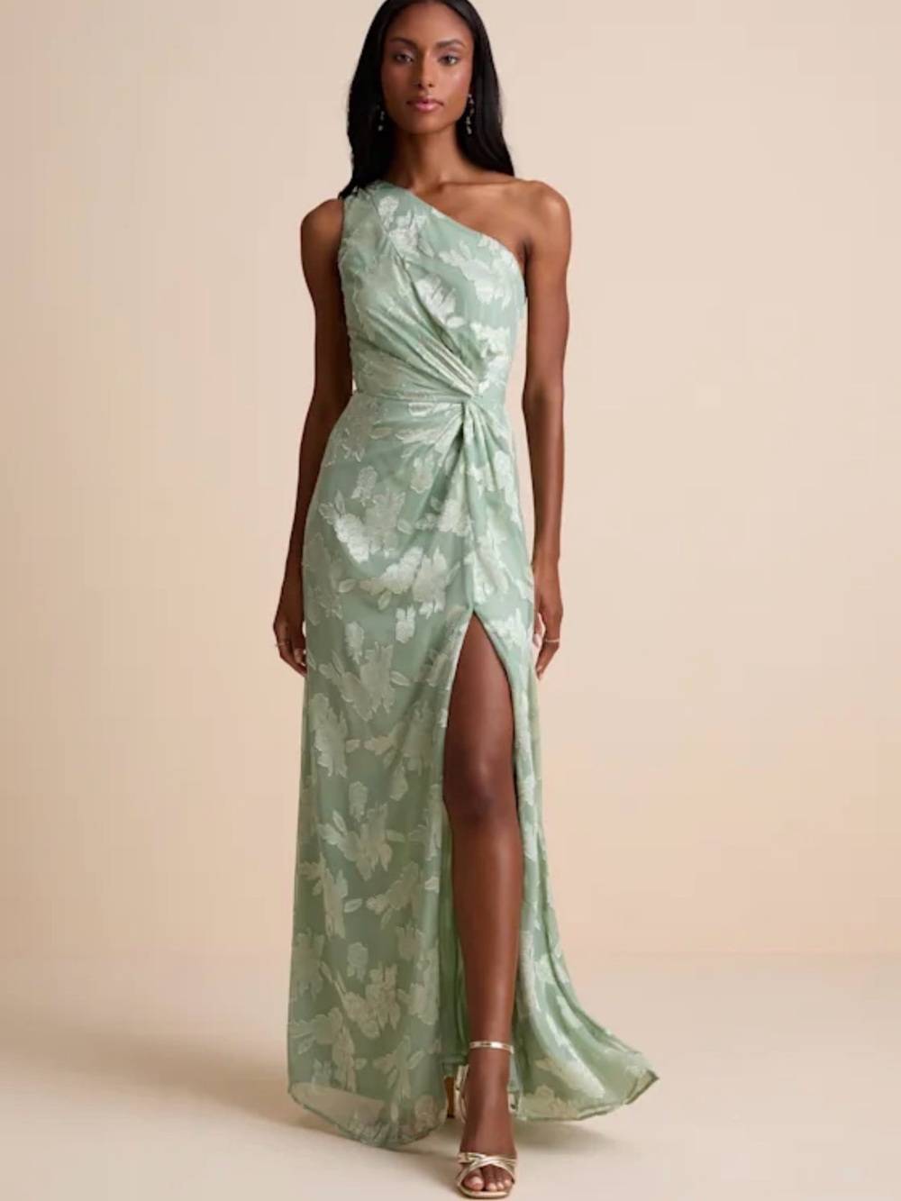 NWT Lulus One-Shoulder Sage Green Floral Jacquard Evening Gown with slit XL